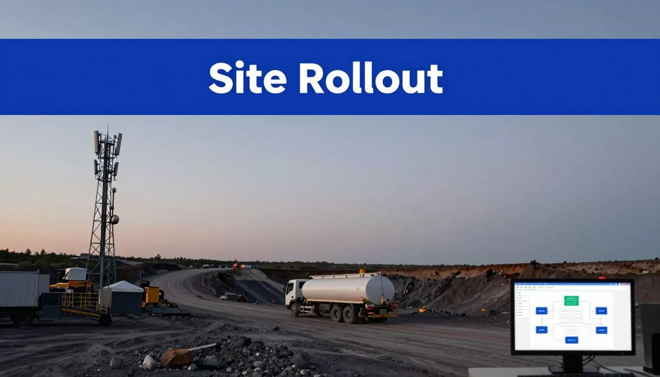 Remote mine at dusk with a tower, water truck, haul road, and connected workflow monitor.