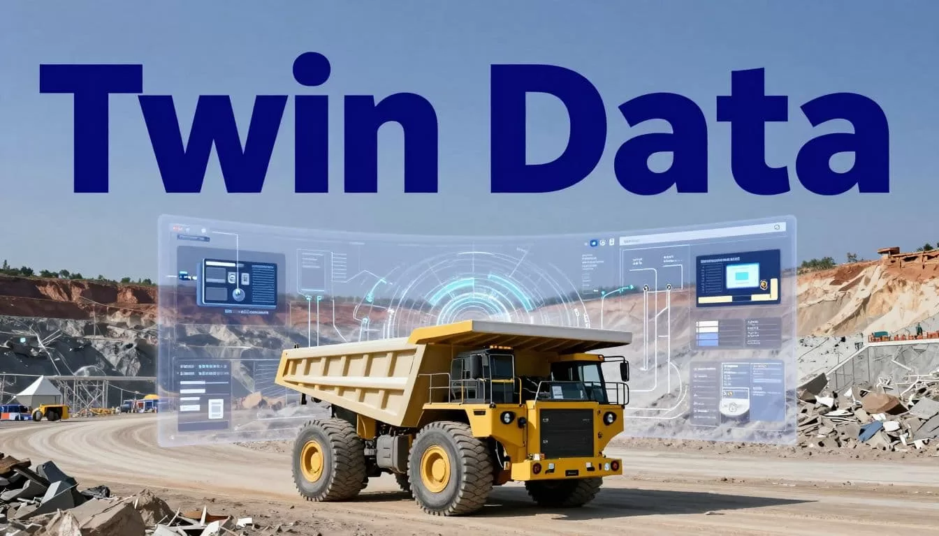 A mining haul truck beside a digital twin with sensor connections.