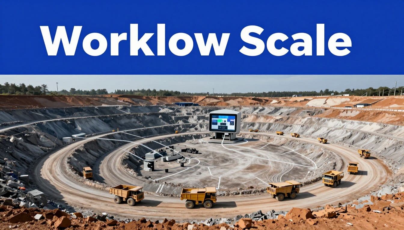 Open-pit mine with haul trucks connected to a remote control room.