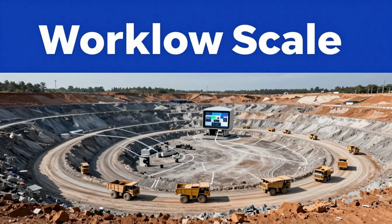Open-pit mine with haul trucks connected to a remote control room.