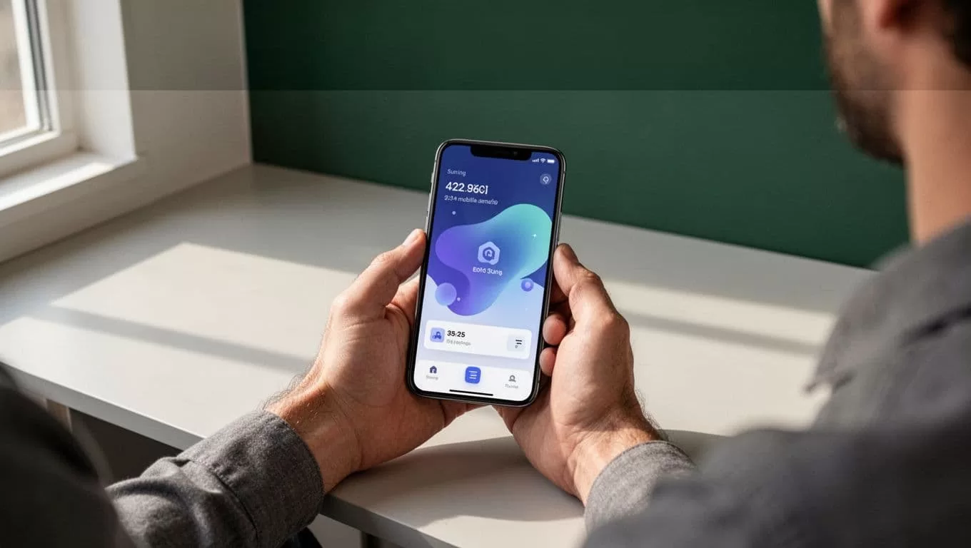 Hand holding a smartphone with a currency exchange app over a minimalist desk.