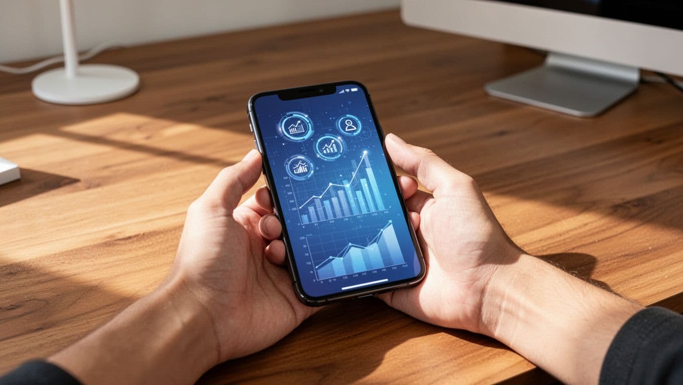 A smartphone displaying currency exchange rates on a wooden desk.