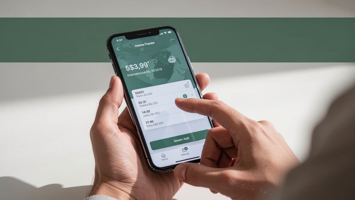 Person using a smartphone app to set up an international money transfer.