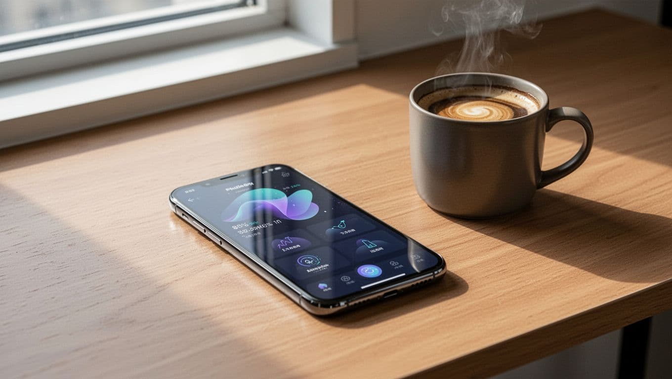 A smartphone displays a money transfer app beside coffee on a wooden desk.