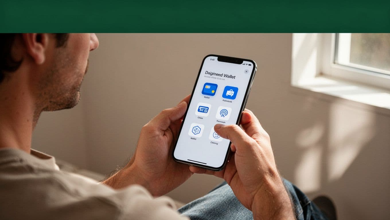 A person holds a smartphone showing digital wallet payment choices.