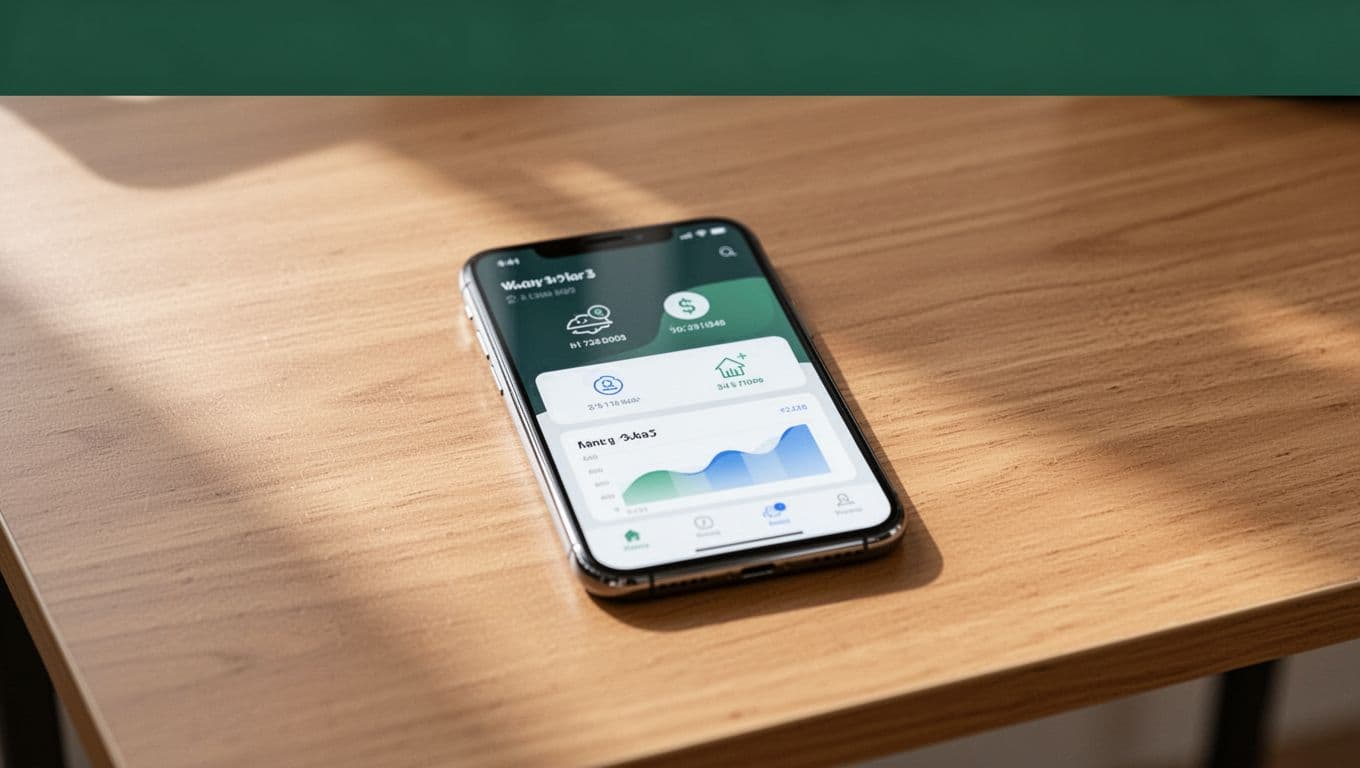 Smartphone showing a money transfer app on a wooden desk beneath a green headline band.