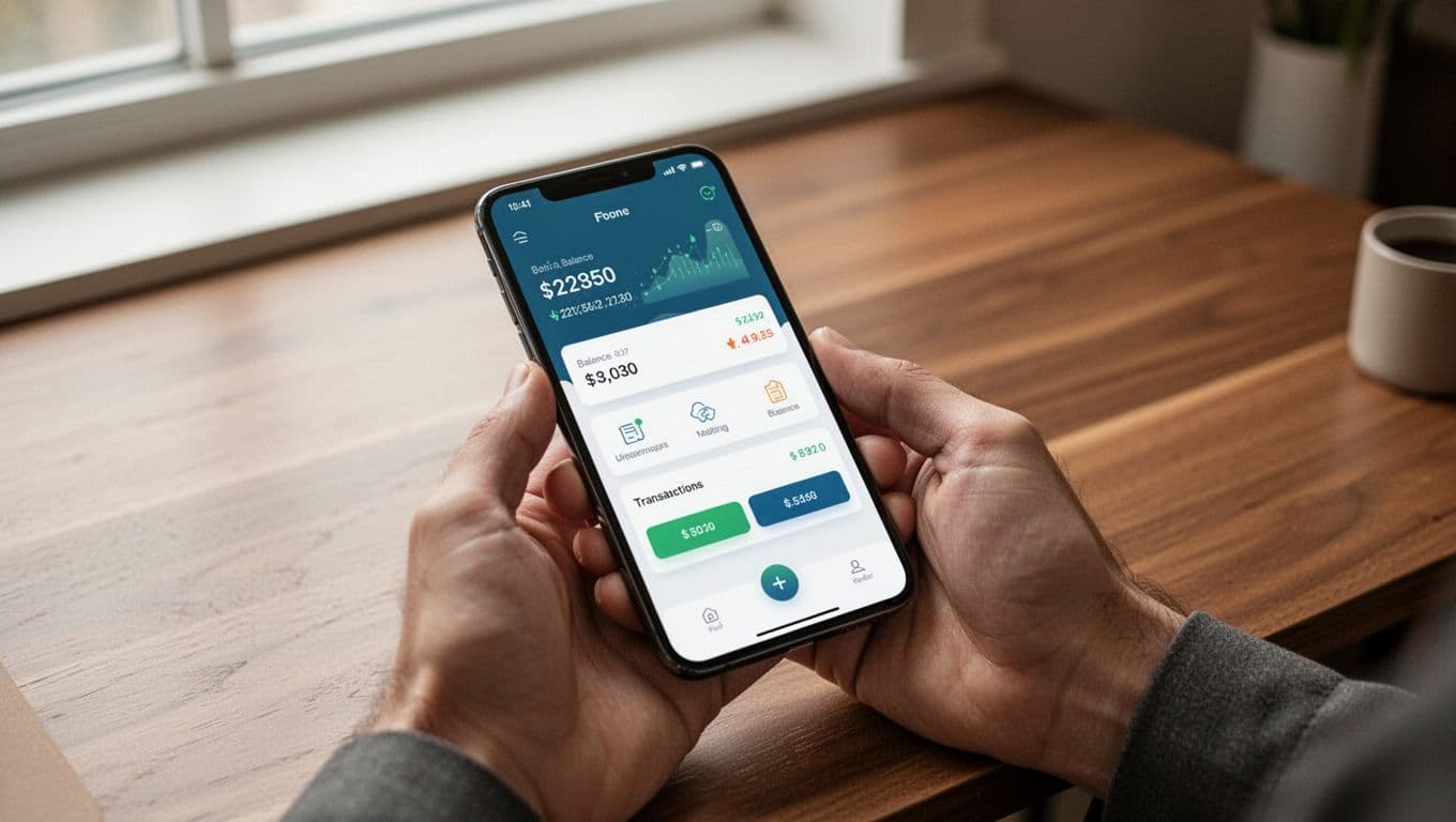 A smartphone showing a money transfer app on a wooden desk.