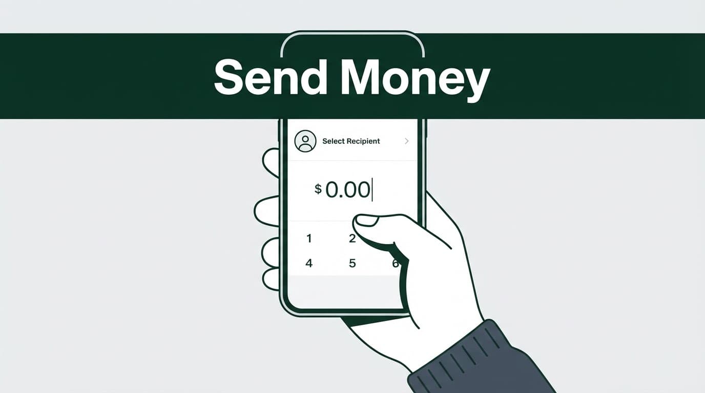 Person holding a smartphone with a money transfer app on screen.