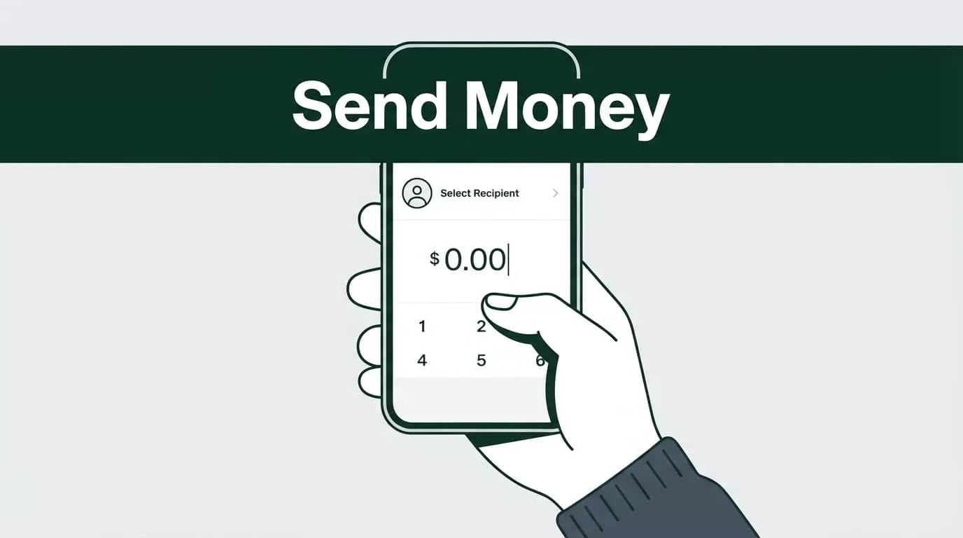 Person holding a smartphone with a money transfer app on screen.