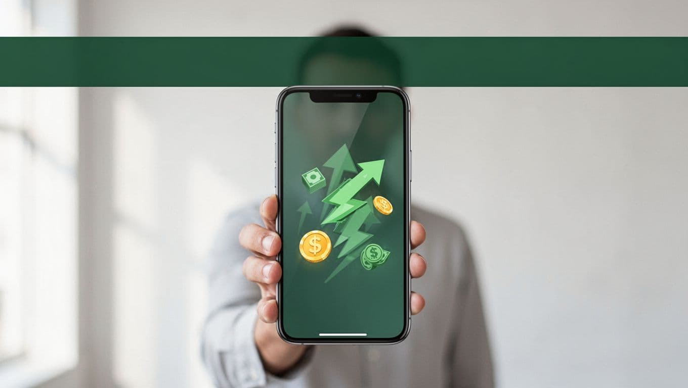 Smartphone graphic with a green Transfer Fast banner and blurred person behind it.