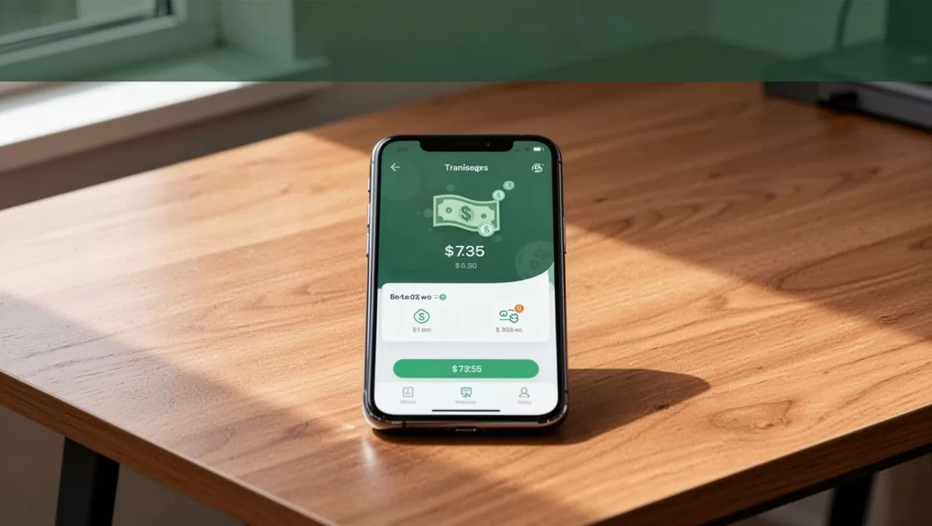 Smartphone displaying a money transfer app on a wooden desk.
