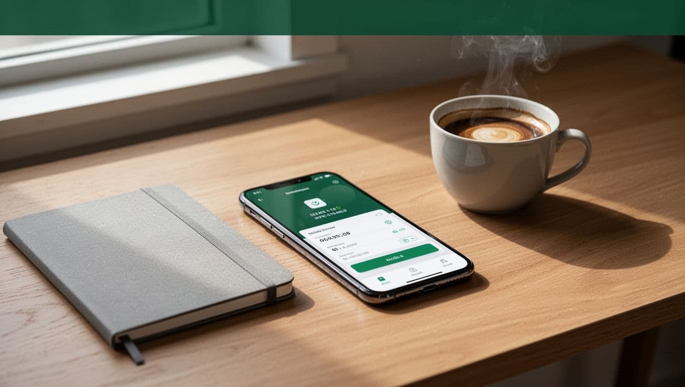 A smartphone on a wooden desk beside a notebook and coffee cup under a green Send Money banner.