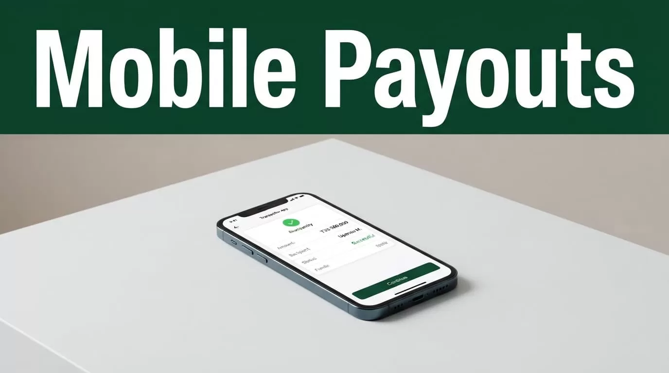 A smartphone sits beneath a dark-green Mobile Payouts banner.