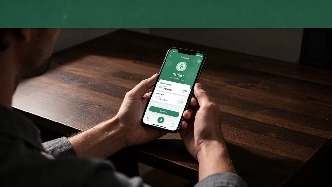 A smartphone shows a money transfer app on a dark desk under a green Send Remitly banner.