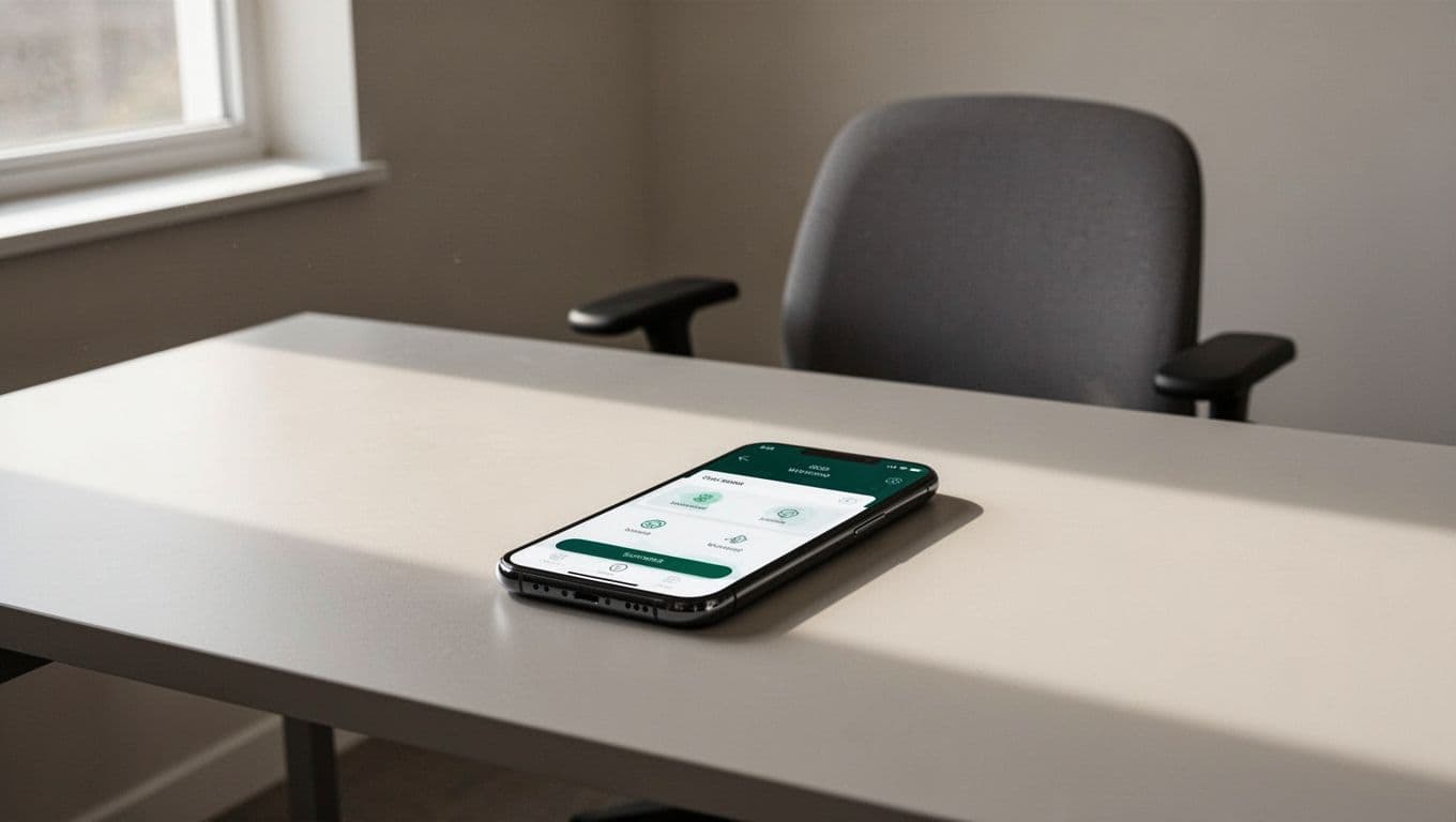 A smartphone displays money transfer options on a clean minimalist desk.