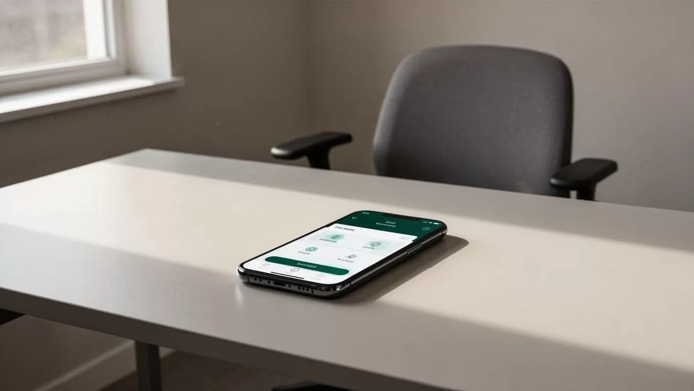 A smartphone displays money transfer options on a clean minimalist desk.