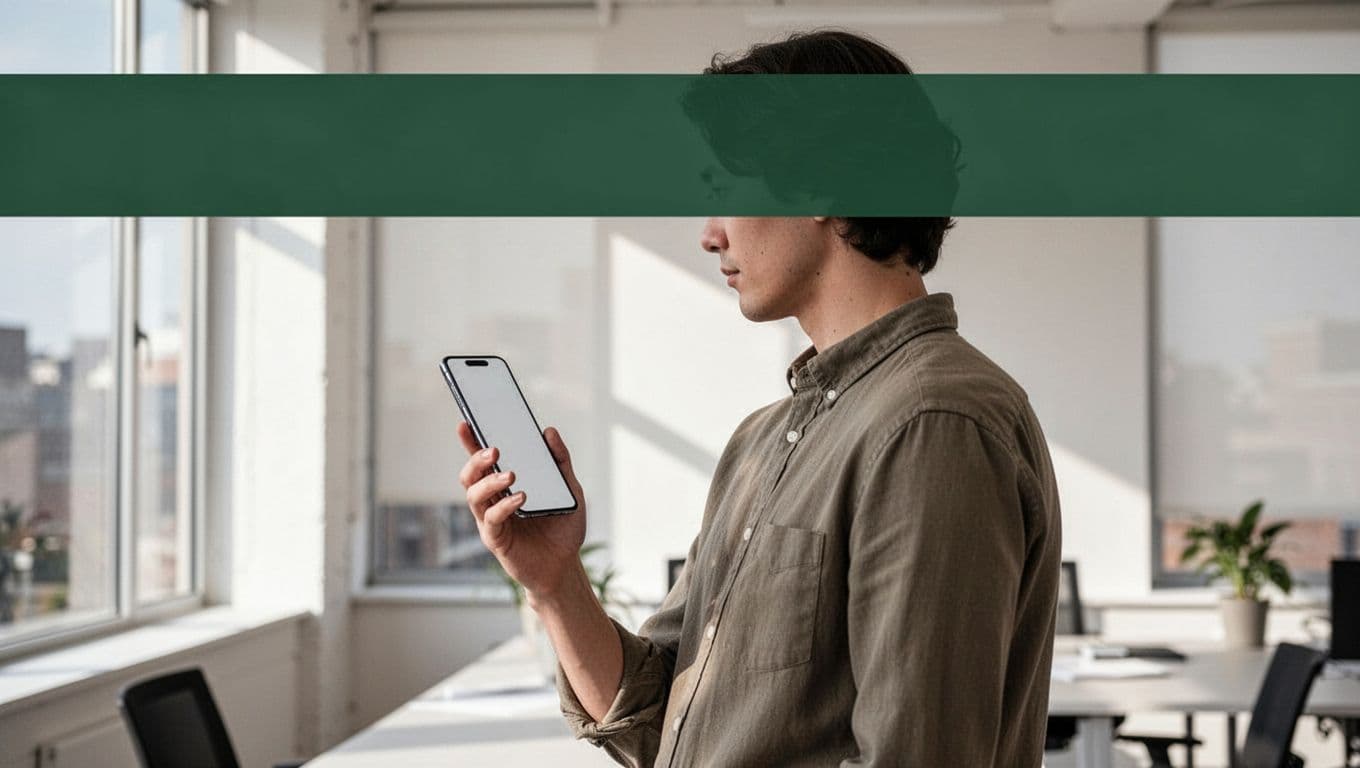 Person holding a smartphone beneath a dark-green headline band in a bright office.