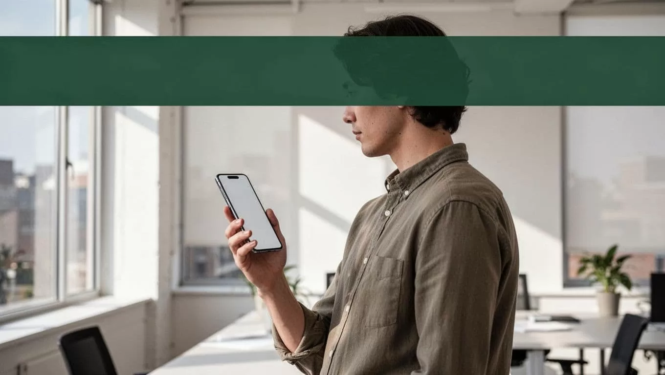 Person holding a smartphone beneath a dark-green headline band in a bright office.