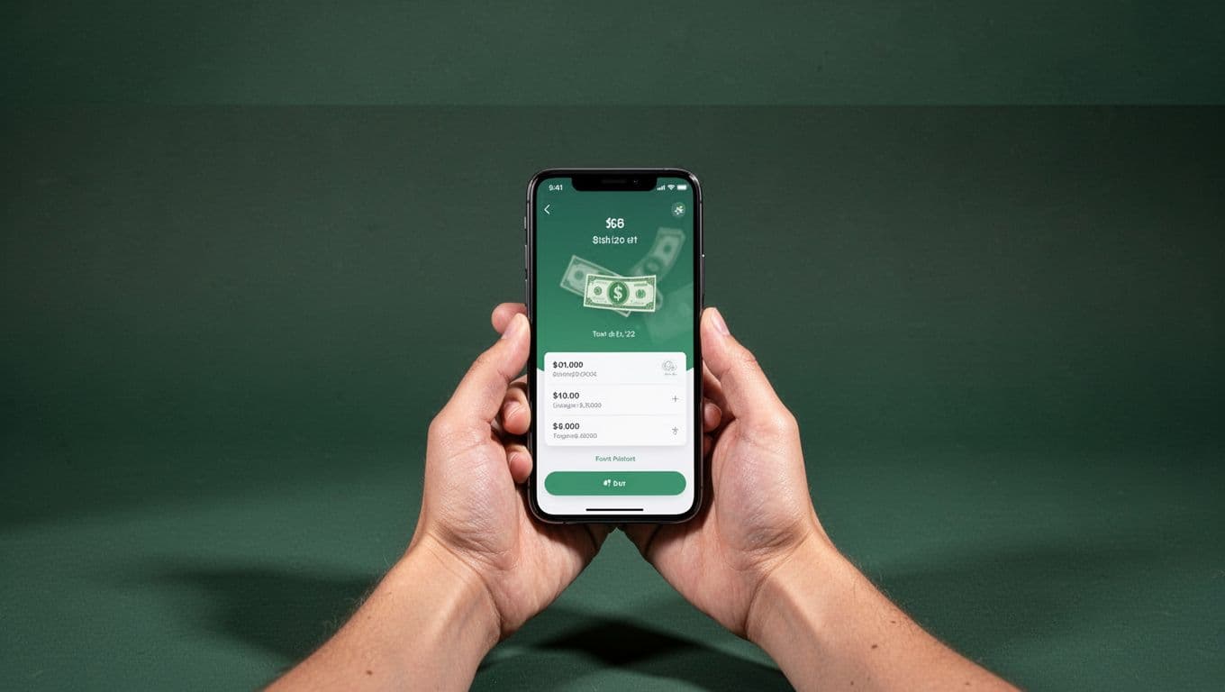 Relaxed hands hold a smartphone showing a money transfer screen.