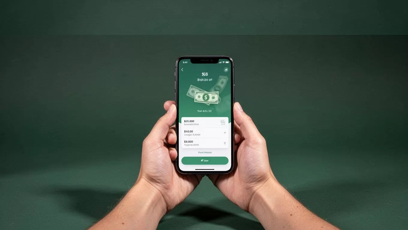 Relaxed hands hold a smartphone showing a money transfer screen.