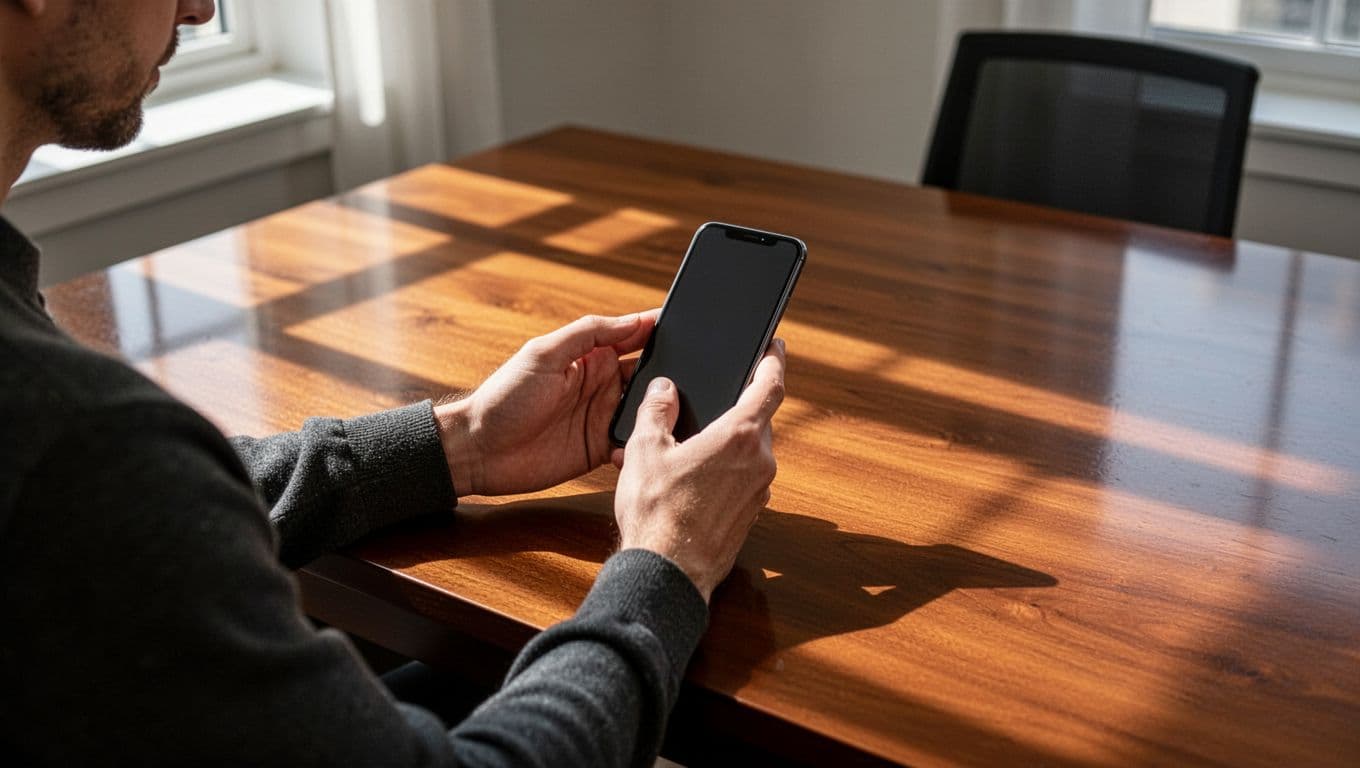 Person using a smartphone at a wooden desk under a dark-green Mobile Setup banner.