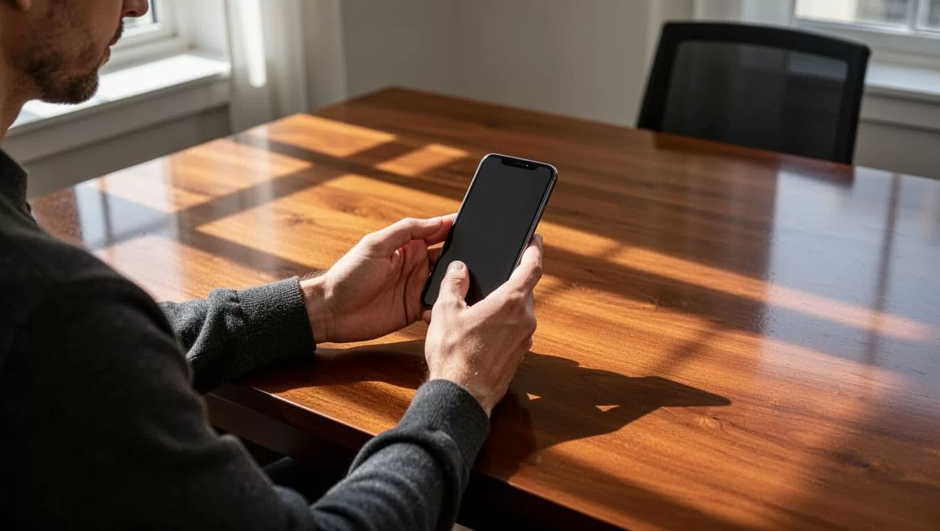 Person using a smartphone at a wooden desk under a dark-green Mobile Setup banner.