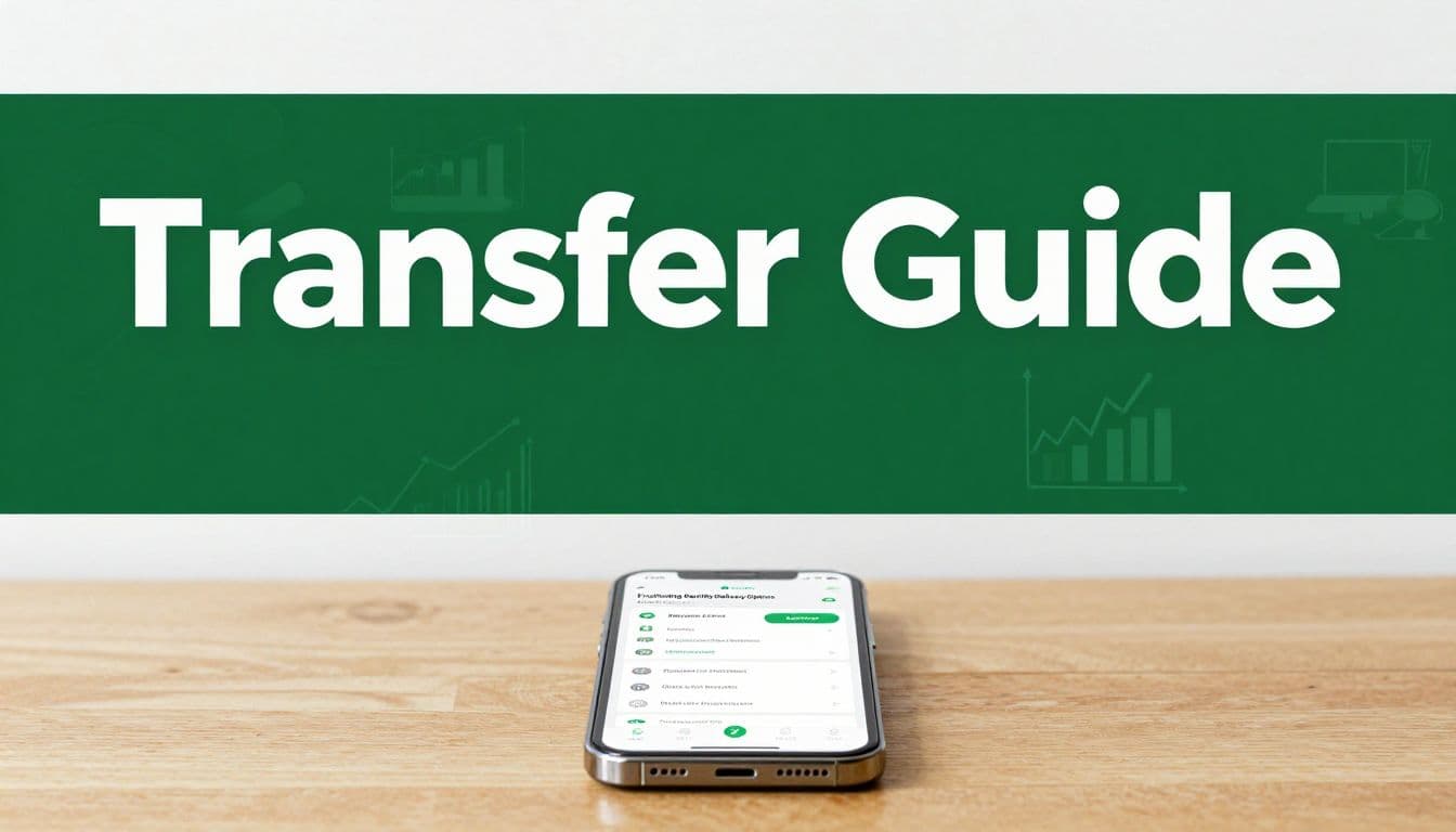 A smartphone on a wooden desk beneath a dark green Transfer Guide banner.