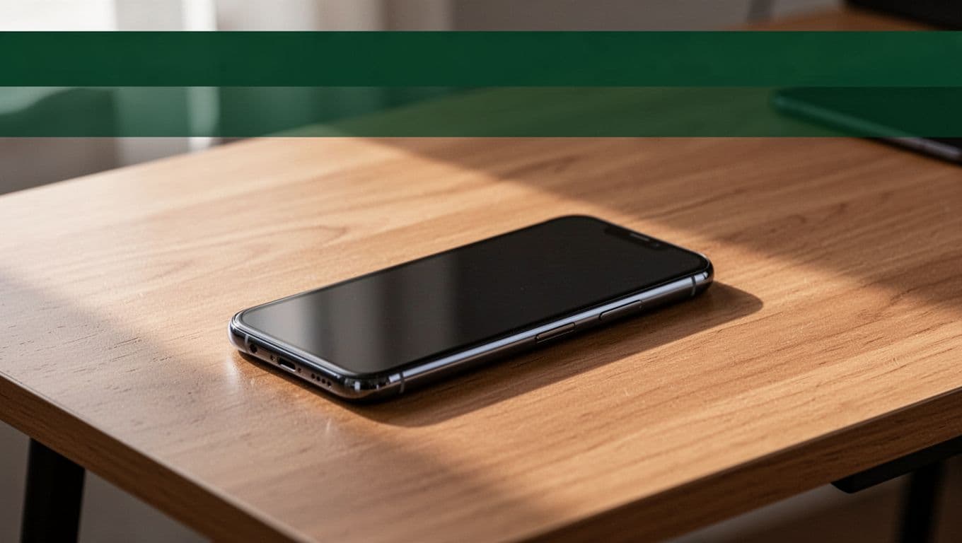 A smartphone on a wooden desk beneath a dark green Mobile Wallet banner.
