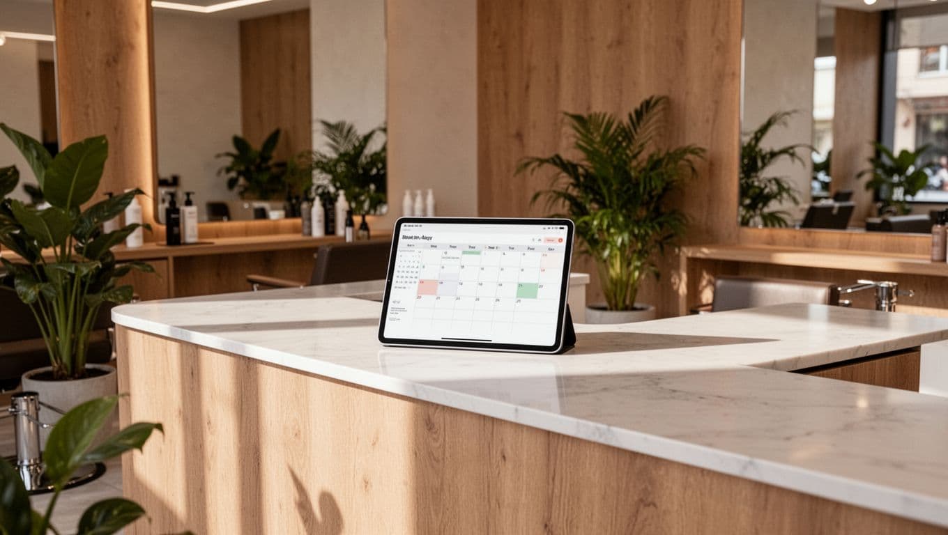 Salon reception counter with one scheduling tablet, wood accents, and green plants.