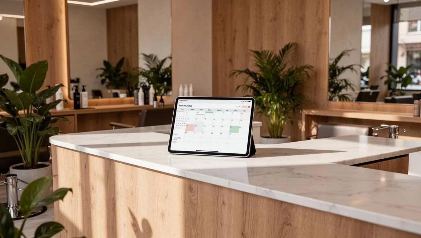 Salon reception counter with one scheduling tablet, wood accents, and green plants.