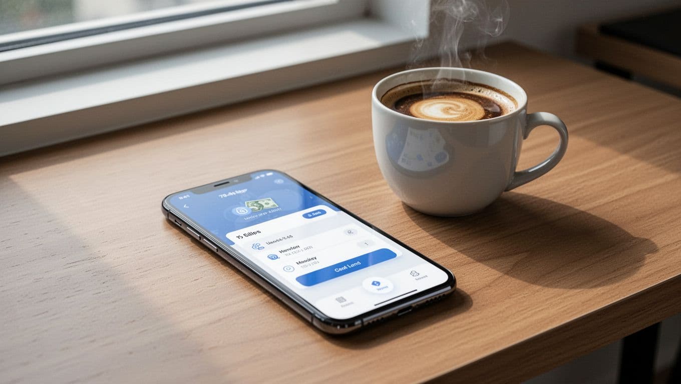 Device showing a money transfer app beside coffee on a wooden desk.