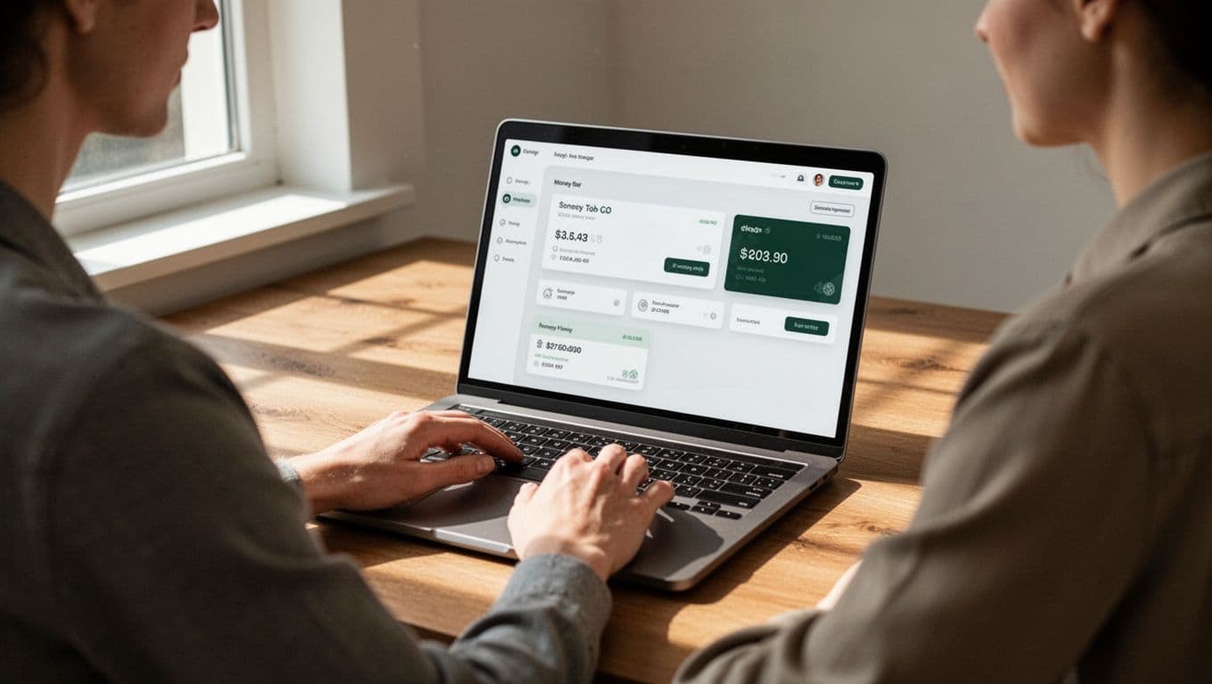 A laptop shows a money transfer dashboard on a wooden desk beside one person.