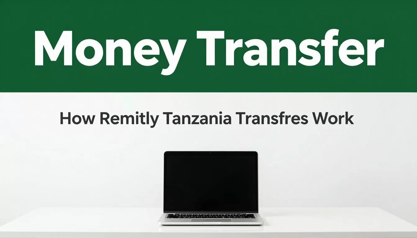 Modern desk with a laptop below a dark green Money Transfer headline band.