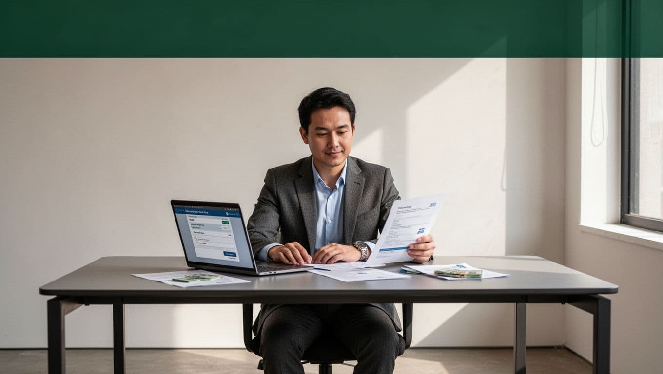 One person works at a minimalist financial workspace beneath a Money Transfer headline.