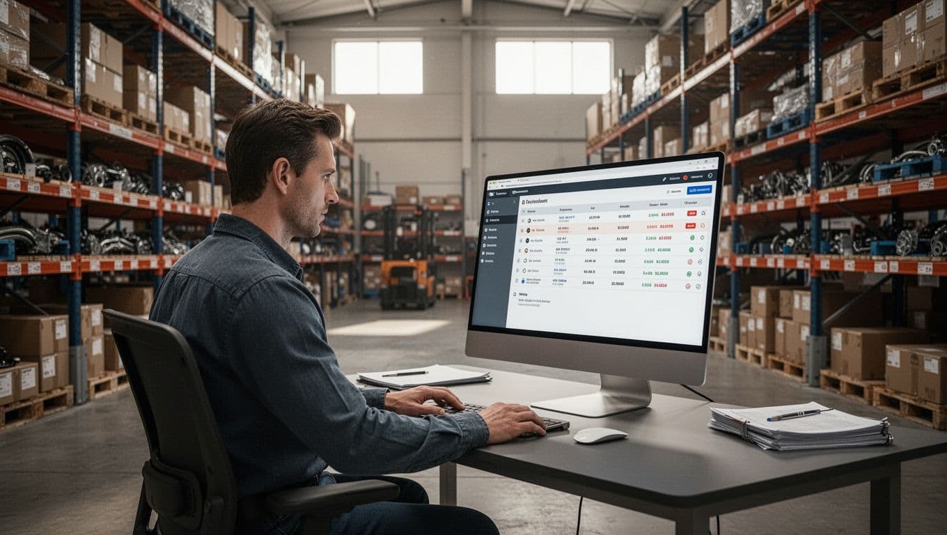 An operations manager reviews parts inventory on a computer in an organized automotive warehouse.