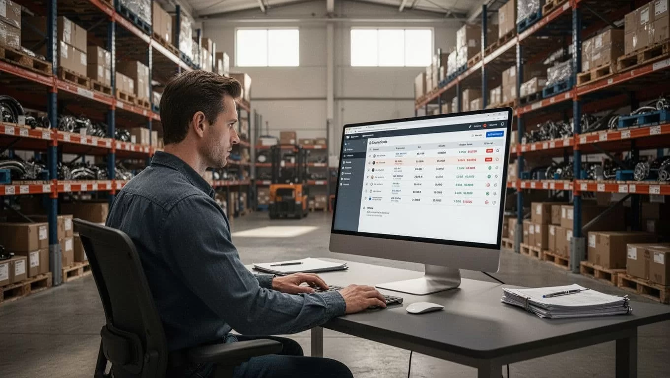 An operations manager reviews parts inventory on a computer in an organized automotive warehouse.