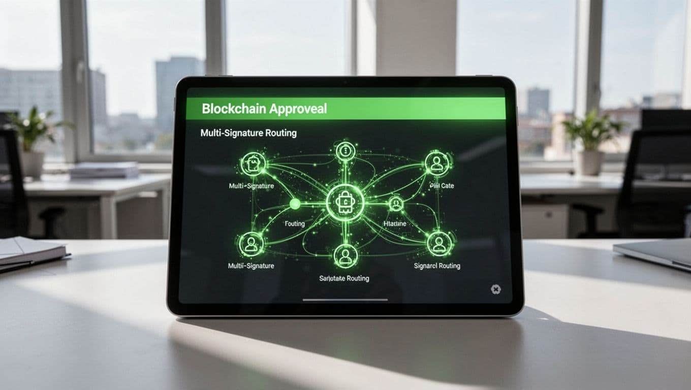 A green header labeled Multisig Routing above a clean blockchain approval interface.