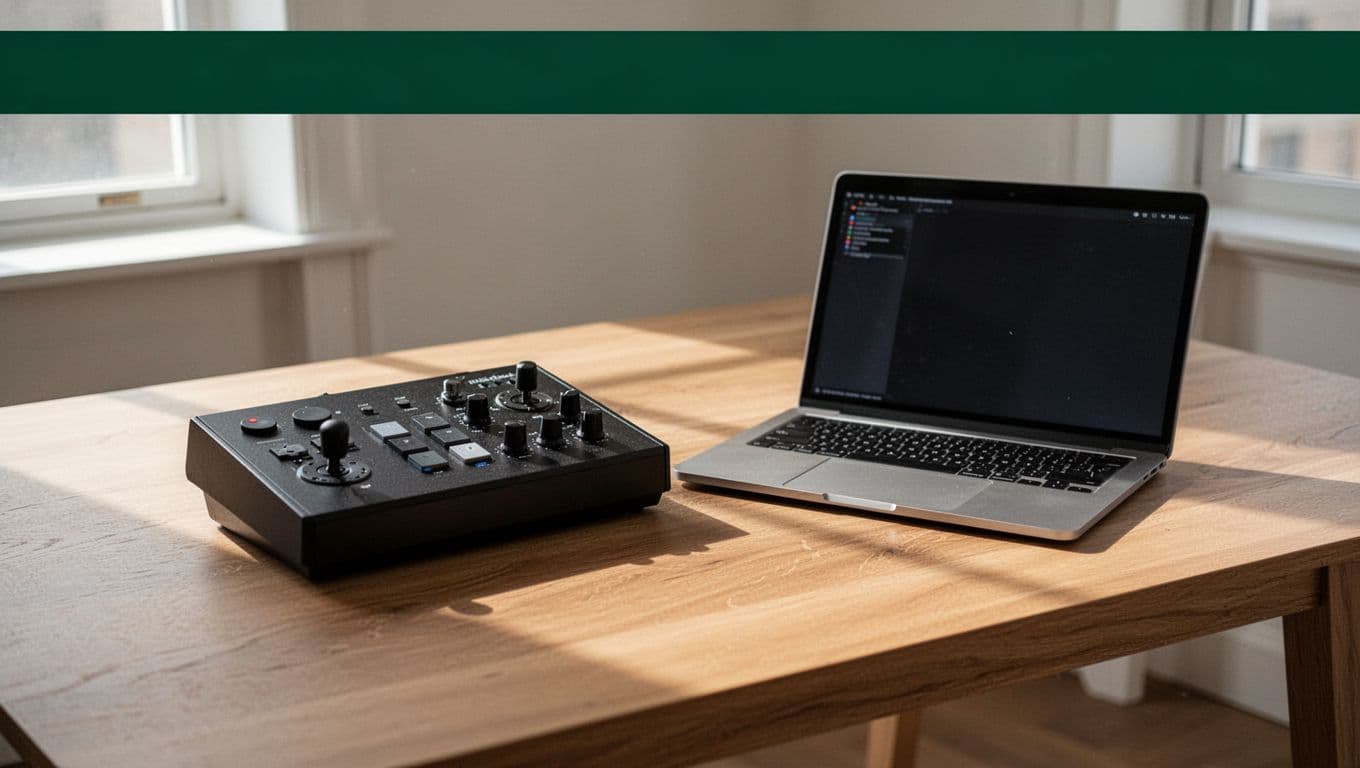A mixing console and laptop on a wooden desk beneath a MUSIC AUTOMATION headline.