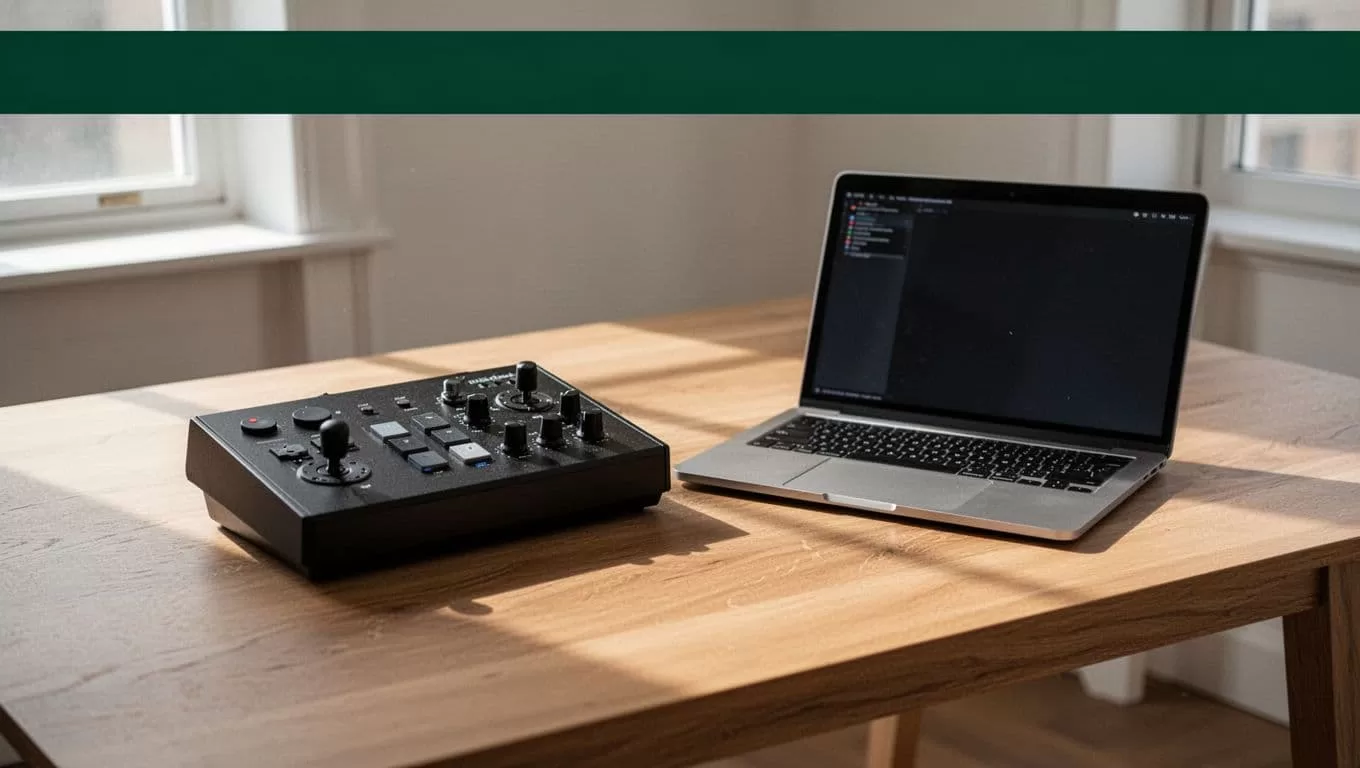 A mixing console and laptop on a wooden desk beneath a MUSIC AUTOMATION headline.
