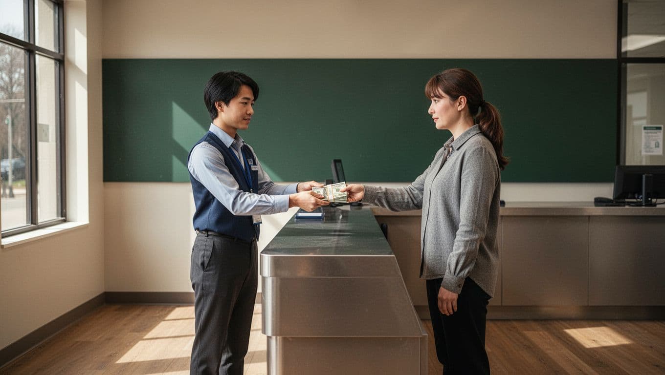A customer interacts with staff at a bank counter beneath a Cash Pickup headline.