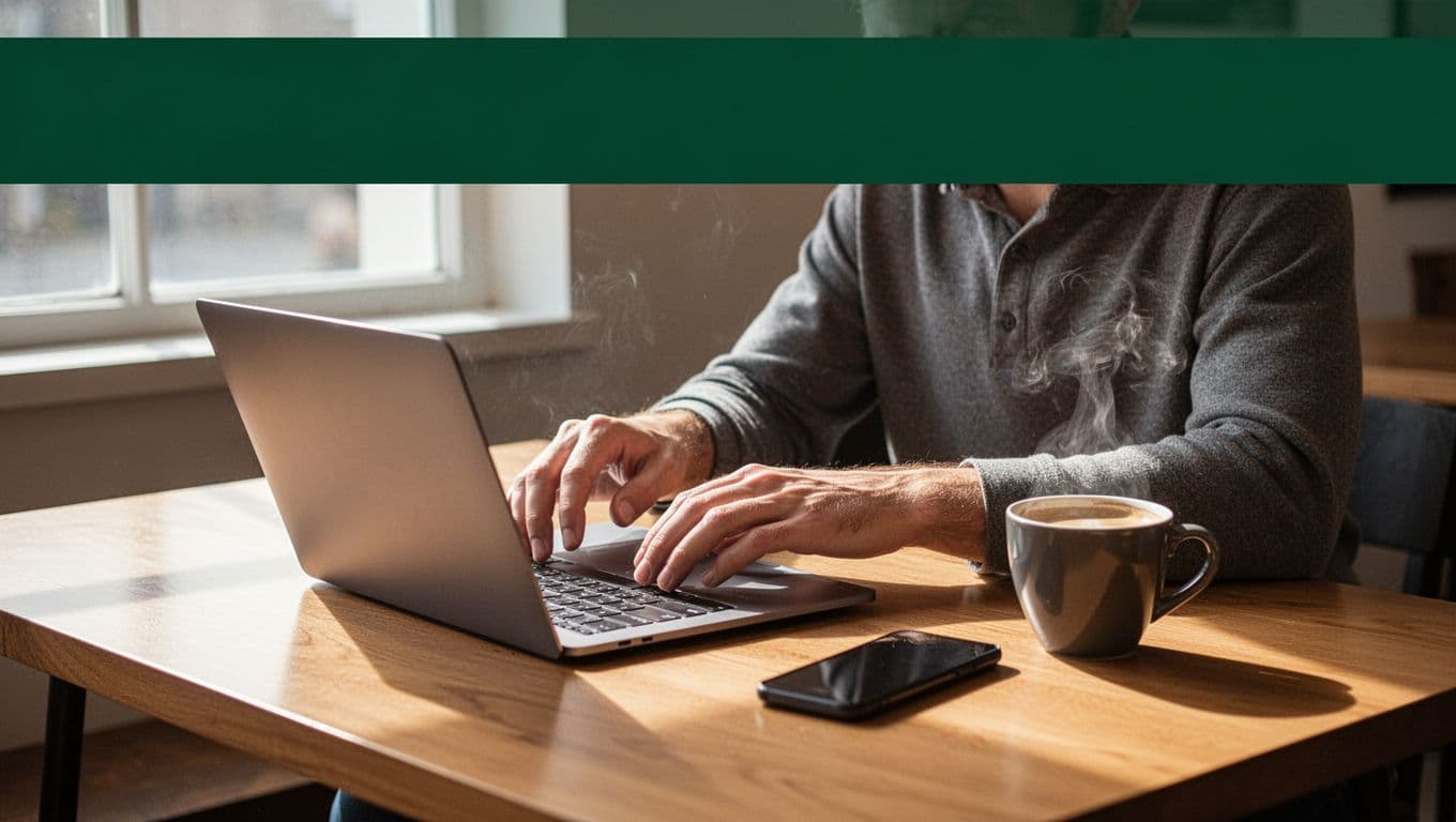 A person with a laptop and phone beneath a green NEPAL PAYOUTS banner.
