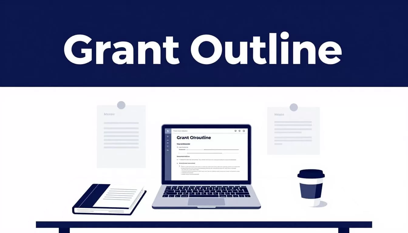 A grant writer reviews a laptop beside notes, a folder, notebook, and coffee cup.