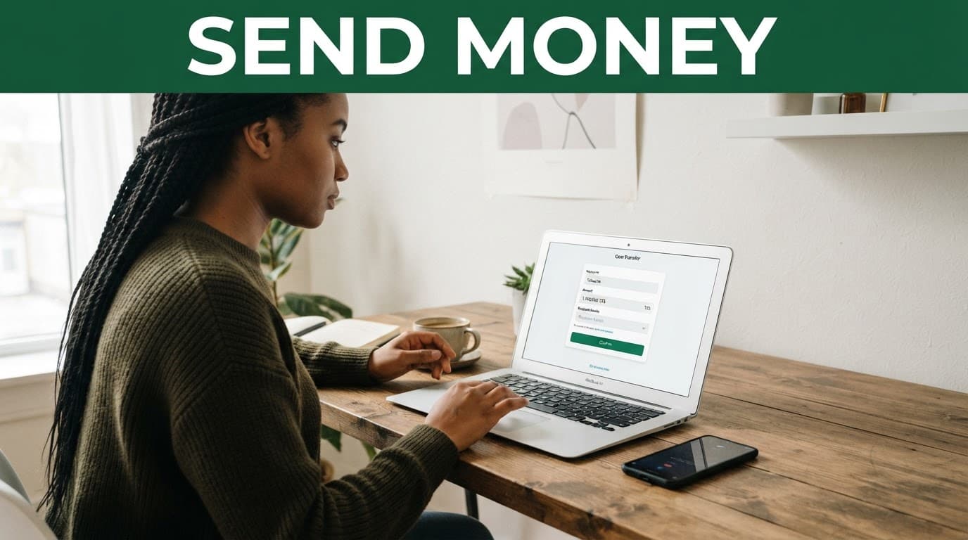 A person views a money transfer interface on a computer beside a laptop and phone.