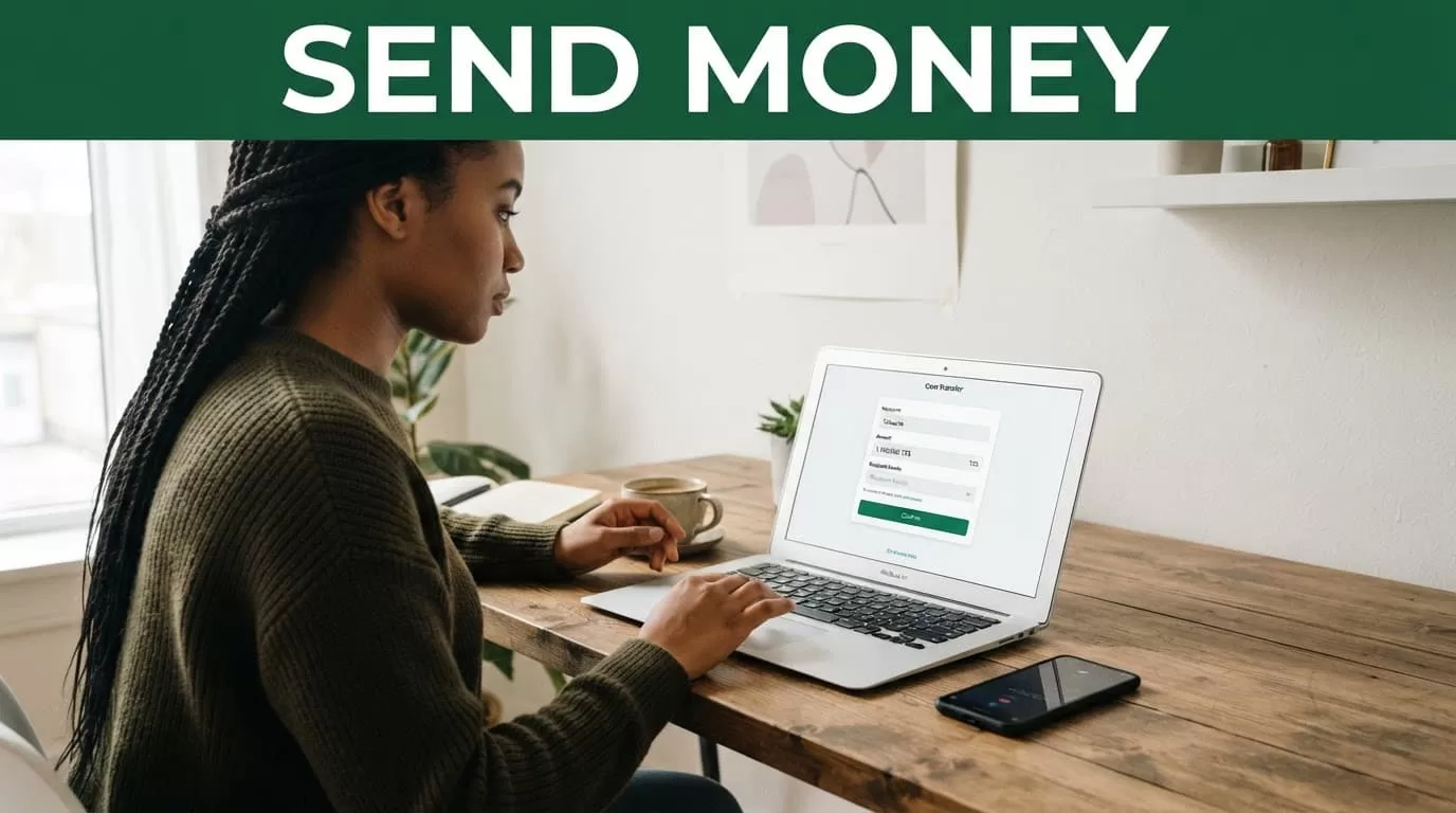 A person views a money transfer interface on a computer beside a laptop and phone.