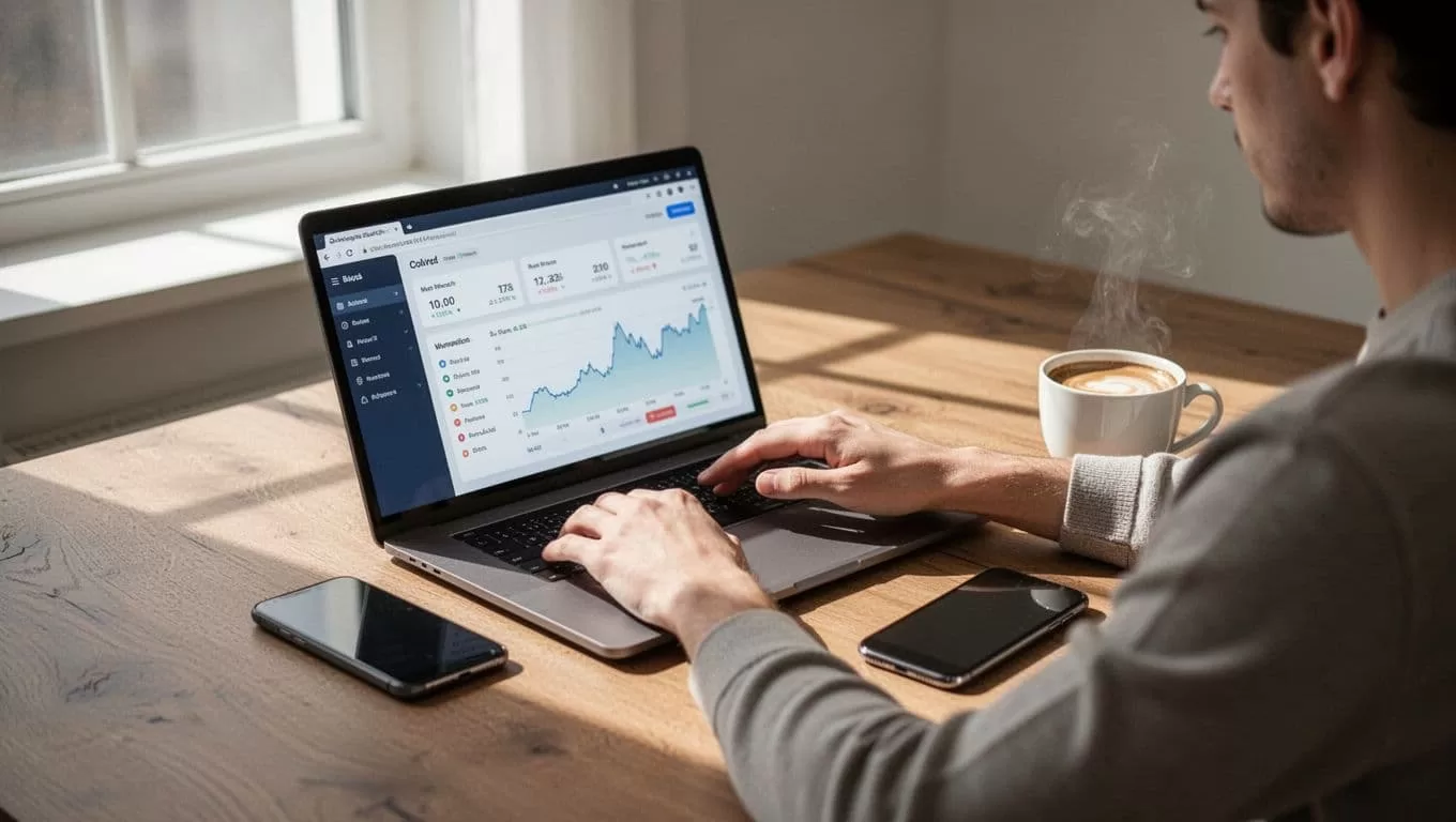 Laptop, phone, and coffee on a desk with a money transfer dashboard.