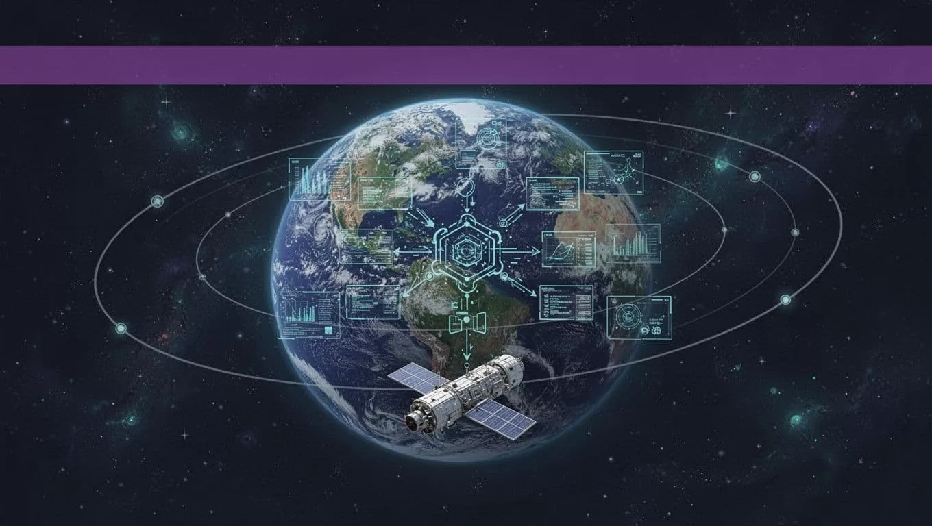 A spacecraft orbiting Earth with data blocks linked to an automation node.