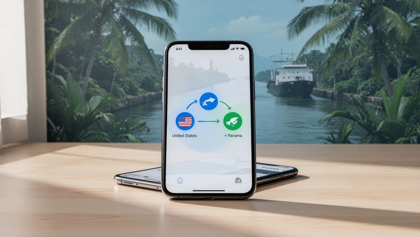 Smartphone showing a money transfer app with a route from the U.S. to Panama.