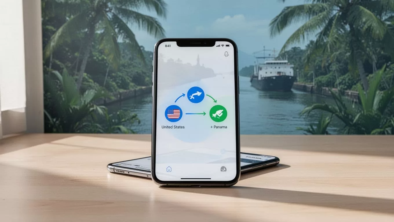 Smartphone showing a money transfer app with a route from the U.S. to Panama.