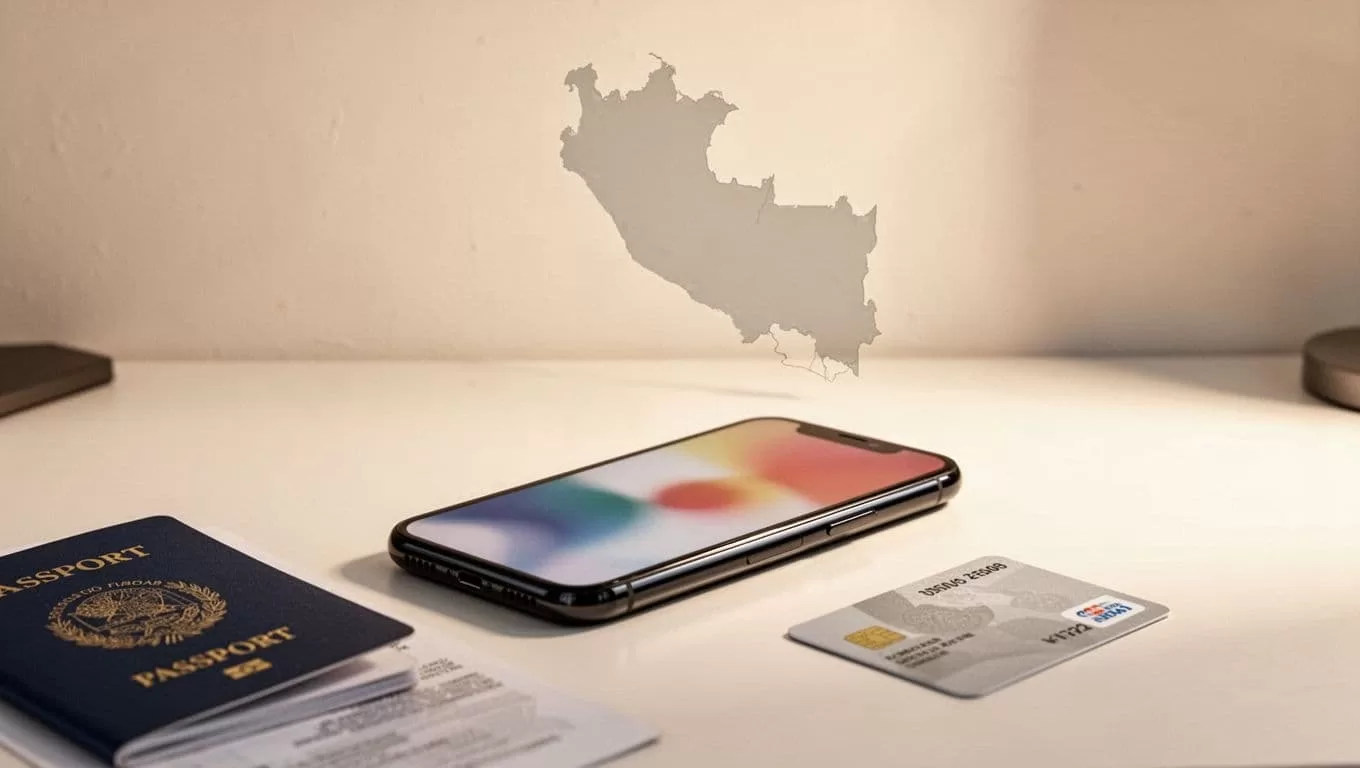 A smartphone beside a passport and bank card with a Paraguay map in the background.