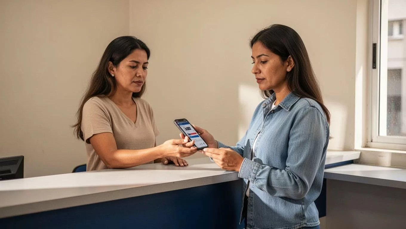 A woman in Paraguay collects a money transfer at a service counter.
